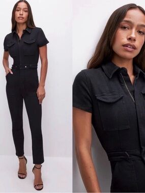 GOOD AMERICAN Black Short-Sleeve Zip-Front Jumpsuit - Boot Cut 2XL